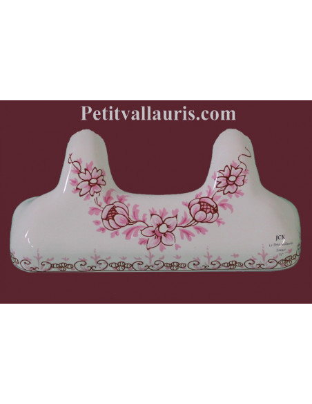Accroche torchon en faience blanche avec 2 crochets décor fleurs Tradition camaieux de rose