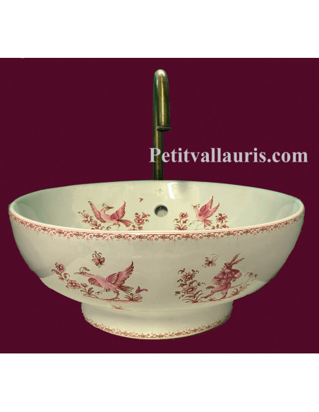 Vasque blanche modèle bol ronde en porcelaine reproduction décor tradition vieux moustiers rose