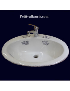 Vasque ovale en porcelaine blanche à encastrer décor reproduction Tradition Vieux Moustiers bleu