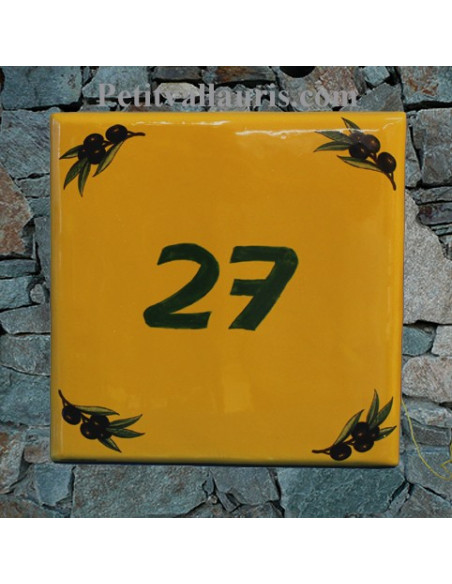 Grande plaque carrée en faience pour votre maison décor brins d'olivier fond jaune provençale inscription personnalisée