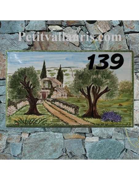 Grande Plaque de Maison rectangulaire en céramique décor artisanal bastide en pierre et 2 oliviers + inscription personnalisée