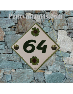 Numéro de maison en faience décor motif artisanal trèles à 4 feuilles + personnalisation