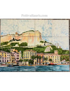 Fresque murale sur carrelage en faience motif artisanal paysage port de Bonifacio