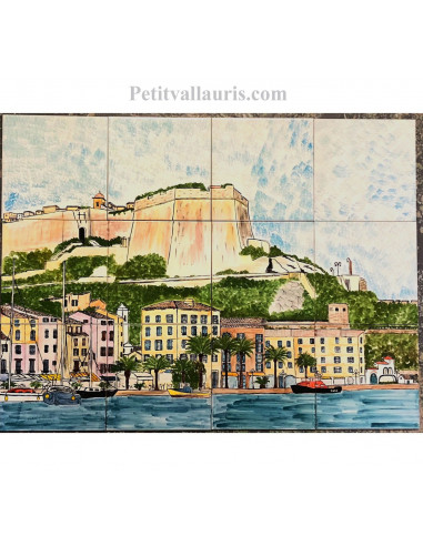 Fresque murale sur carrelage en faience motif artisanal paysage port de Bonifacio