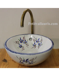 Petite Vasque bol ronde à poser en porcelaine blanche décor artisanal fleurs bleues
