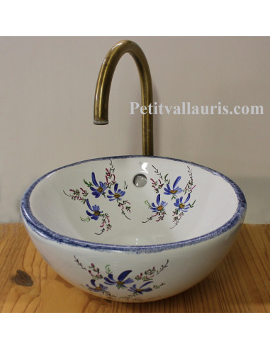 Petite Vasque bol ronde à poser en porcelaine blanche décor artisanal fleurs bleues
