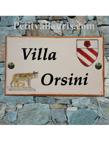 Grande plaque en céramique émaillée forme rectangle décor artisanal louve de Rome + armoiries + inscription personnalisée