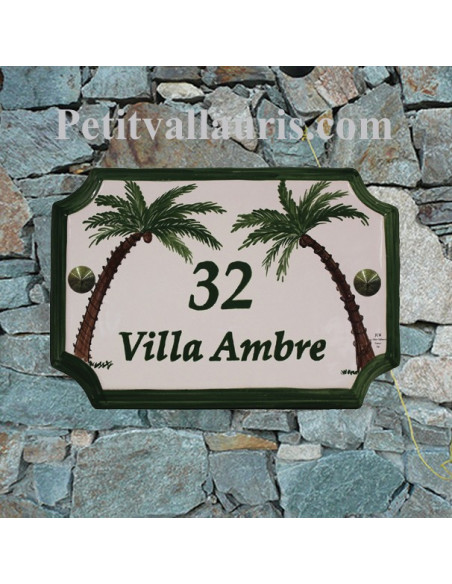 Plaque de Maison en céramique aux angles incurvés motif artisanal les 2 palmiers-cocotiers + inscription personnalisée