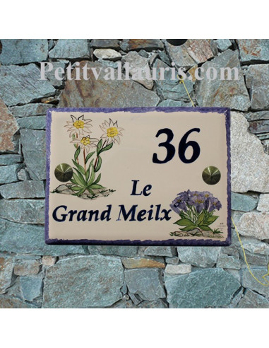 plaque de maison céramique décor fleurs les edelweiss et gentianes + inscription personnalisée