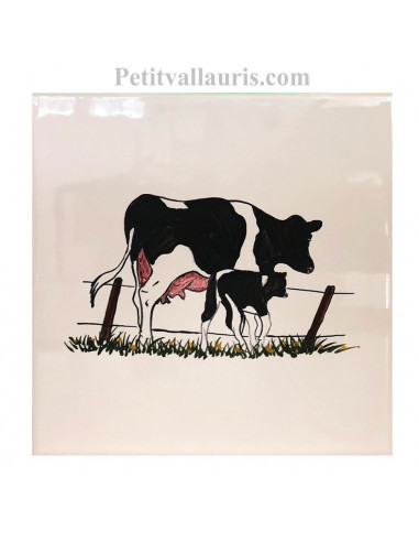 Carreau mural en faience blanche avec motif artisanal La vache et son veau