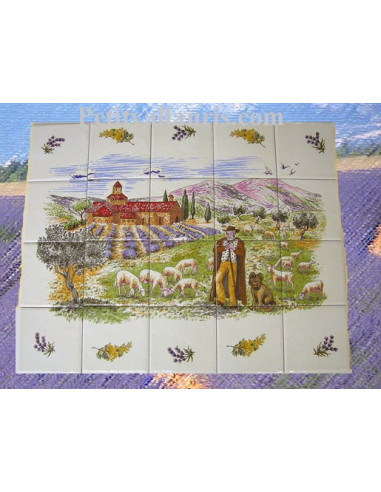 Fresque sur carreaux de faïence blancs avec paysage Berger + monastère haute provence + flore méditerranéenne 40x60