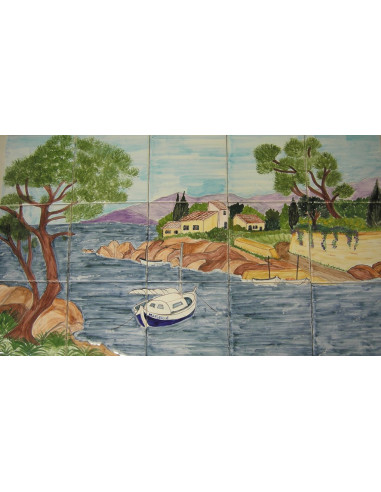 Fresque murale sur carreaux de faience décor artisanal modèle Voilier et Calanque 45x75