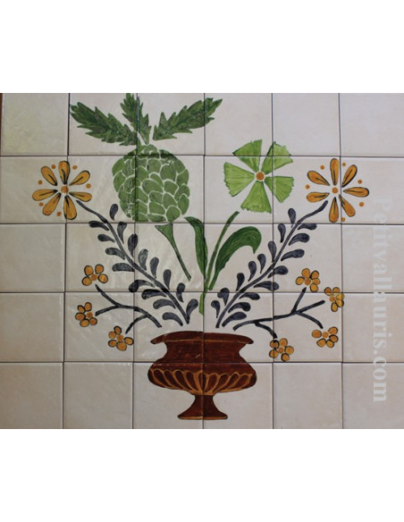 Fresque murale sur carreaux de faience décor artisanal modèle naif Pot et Fleur 50x60