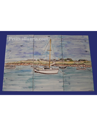 Fresque murale sur carreaux de faience décor artisanal modèle bateaux Golfe du Morbihan 30x50 et 30x45