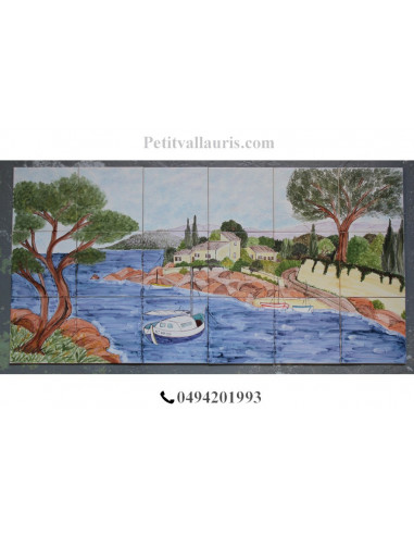 Fresque murale sur carreaux de faience décor artisanal modèle Voilier et Calanque 45x90