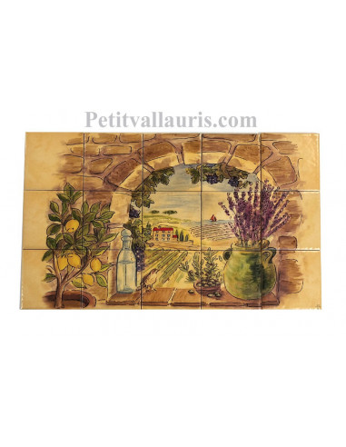 Fresque murale sur carreaux jaune-ocre clair motif Trompe L'oeil paysage de provence