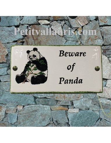 Grande plaque d'habitation en céramique émaillée décor le panda+ inscriptions personnalisée