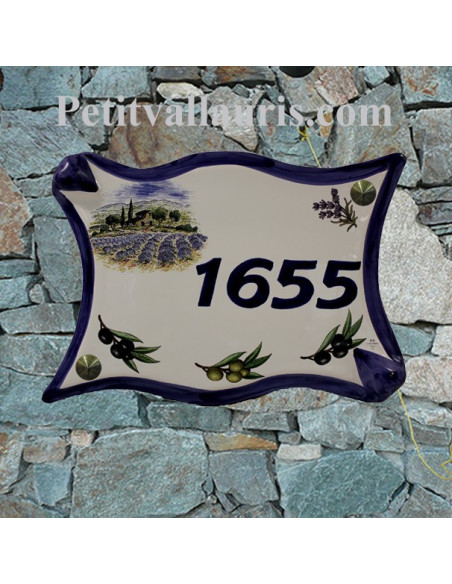 Plaque de maison modèle parchemin en céramique motif Brin d'olive et de lavande personnalisation bleue