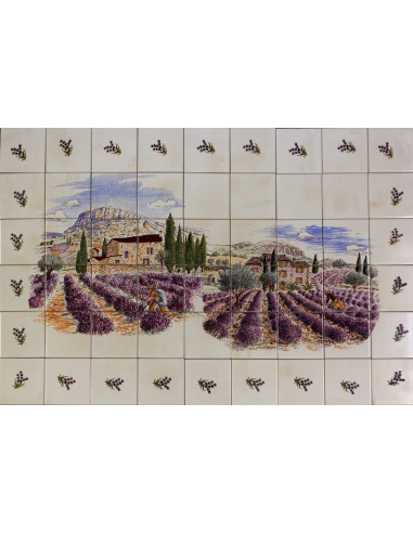 Fresque murale décor champs et récolte des lavandes + frise brins de lavandes taille 90x60