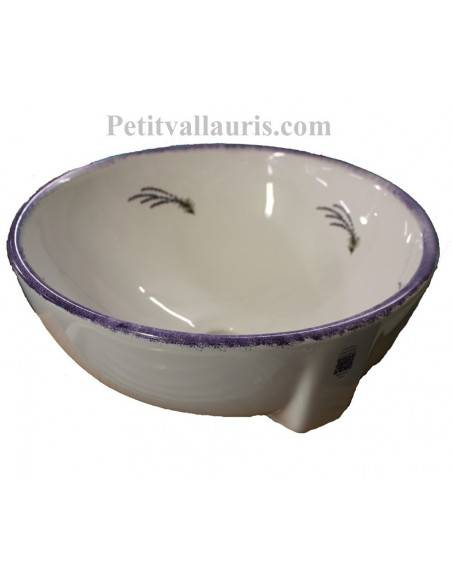 Vasque blanche modèle bol ronde en porcelaine motifs brins de lavande de Provence