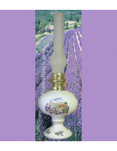 Lampe bec à pétrole émaillée blanche décor Paysage provençal Champs de lavande (montage au choix)