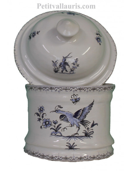 Pot de Salle de bain et à coton en faience blanche reproduction Tradition bleu