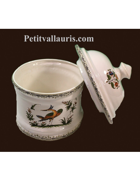 Pot de Salle de bain et à coton en faience blanche reproduction Tradition polychrome