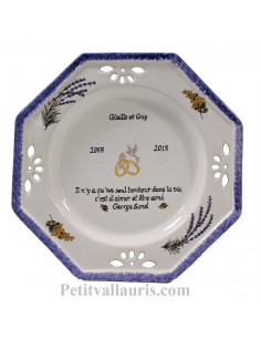 Grande assiette souvenir Mariage modèle octogonale gravure personnalisée motif mimosas + lavandes