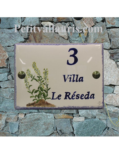 plaque de maison céramique décor plantes herbacées à fleurs résada + inscription personnalisée