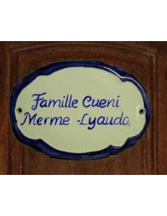 Plaque de porte en faience blanche bord de couleur modèle ovale avec inscription personnalisée