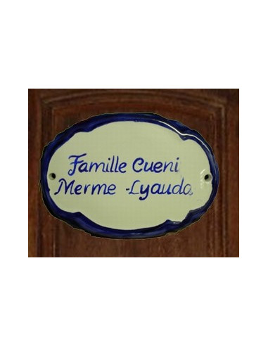 Plaque de porte en faience blanche bord de couleur modèle ovale avec inscription personnalisée