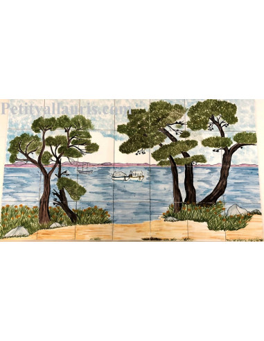 Fresque murale sur carrelage en faience décor artisanal motif bord de mer 60 x 105