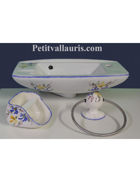 Lave-main en porcelaine blanche modèle Imola décor artisanal Fleurs jaunes et bleues