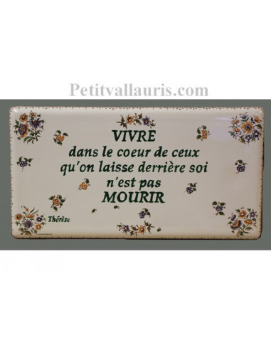 Plaque funéraire en céramique modèle rectangulaire à fixer motifs fleurs polychromes + inscription personnalisée