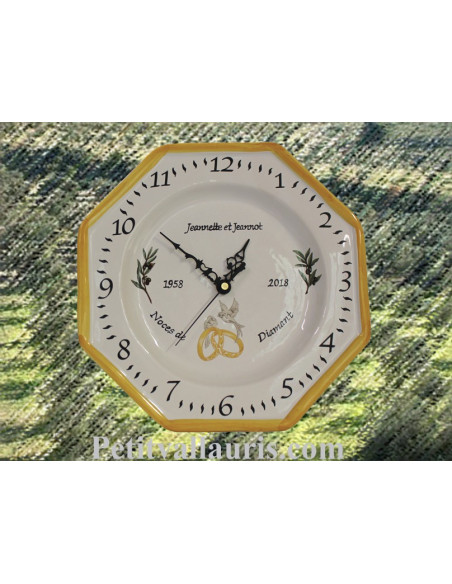 Horloge modèle octogonale anniversaire de mariage décor brins d'olivier