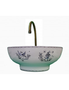 Vasque bol ronde en porcelaine blanche reproduction décor Tradition Vieux Moustiers bleu