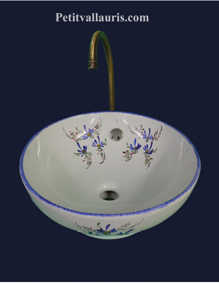 Vasque bol ronde à poser en porcelaine blanche reproduction décor artisanal fleurs bleues
