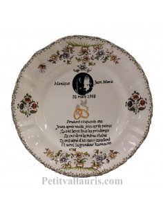 Assiette de Mariage en faience blanche modèle Louis XV motif fleurs polychromes avec photo et inscription personnalisée