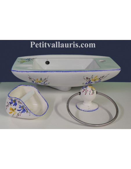 Support-porte serviette mural décor Fleuri bleu et jaune-orangé