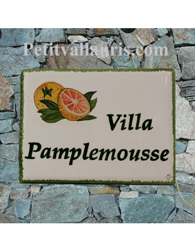 plaque de maison céramique personnalisée décor artisanal pamplemousse inscription couleur verte