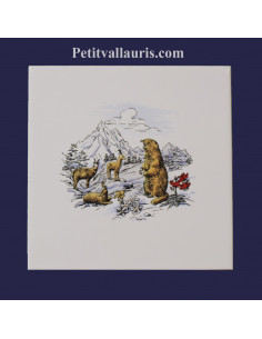 Carrelage mural blanc au motif décor chamois et marmotte en montagne enneigée de taille 15 x15 et 20 x 20 cm