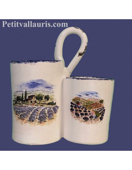Ramasse-couverts deux compartiments en faience décor Paysage Provençal lavandes