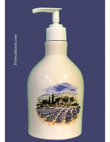 Distributeur de savon liquide en faience blanche décor bastide et champs de lavande