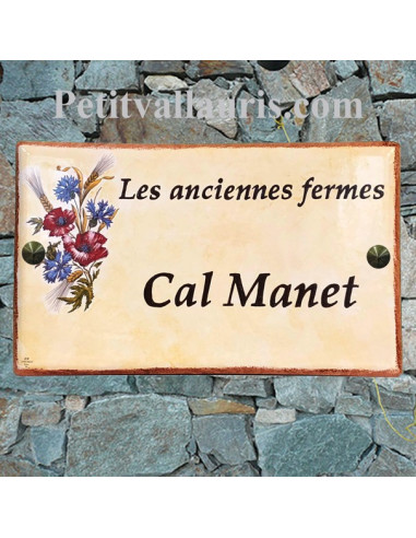 Plaque en céramique modèle rectangle motif bouquet chardons + blé + coquelicots + inscription personnalisée