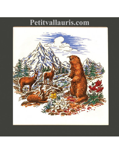Carrelage mural blanc au motif décor chamois et marmotte en montagne enneigée de taille 15 x15 et 20 x 20 cm