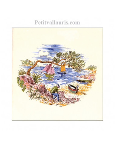 Carreau en faience blanche décor paysage provençal motif pêcheur et calanque 15 x 15 cm