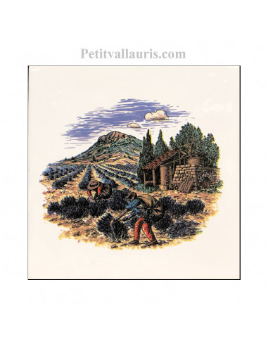 Carreau en faience blanche décor paysage provençal distillation des lavandes 15 x 15 cm