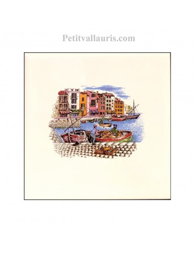 Carreau en faience blanche décor paysage provençal pêcheur et port 10 x 10 cm