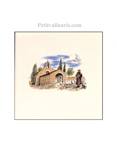 Carreau en faience blanche décor paysage provençal chapelle et berger 10 x 10 cm