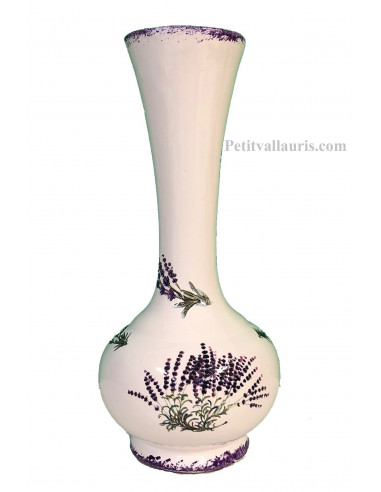 Vase Soliflore modèle boule en faïence blanche décor bouquets et brins de lavandes